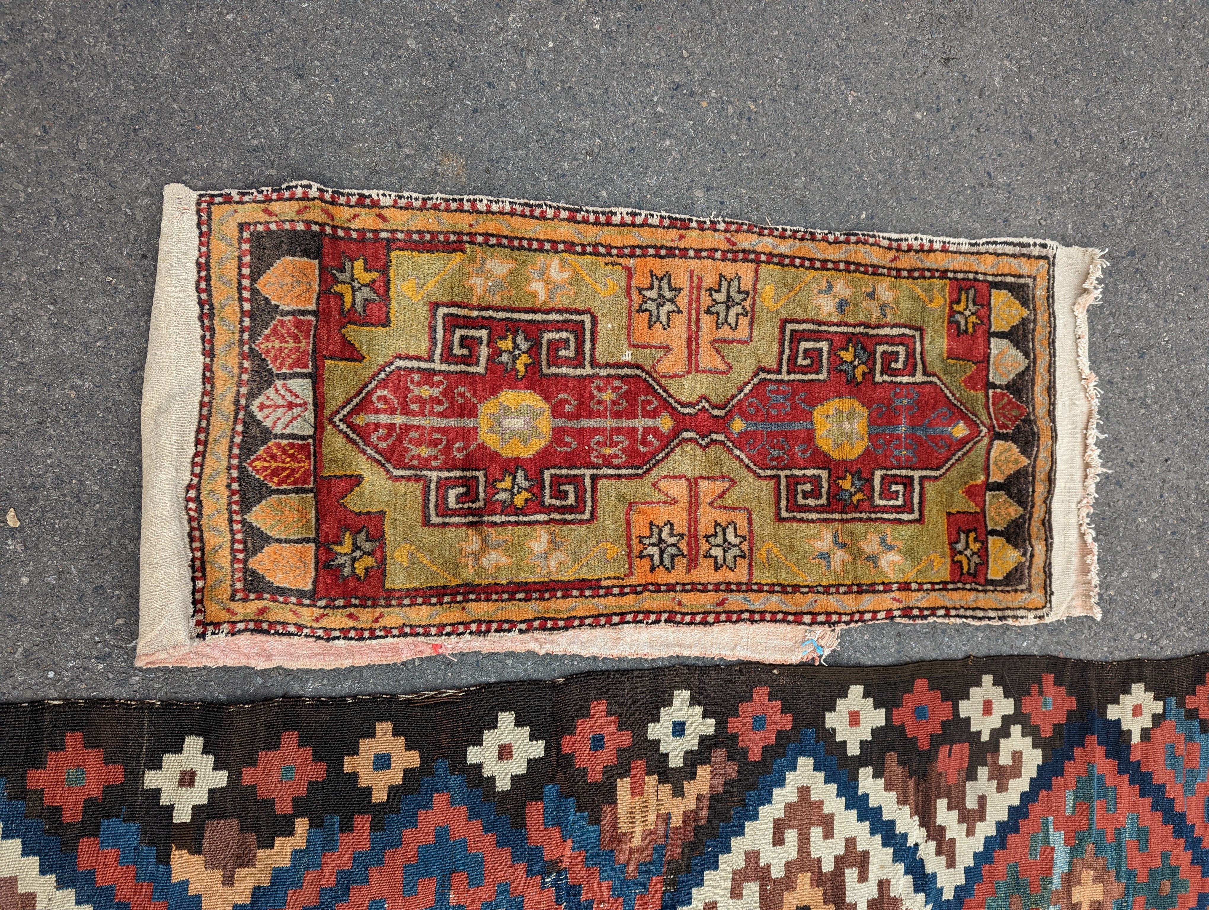 A Persian tribal Kelim carpet, 230 x 158cm and a Turkish bag
